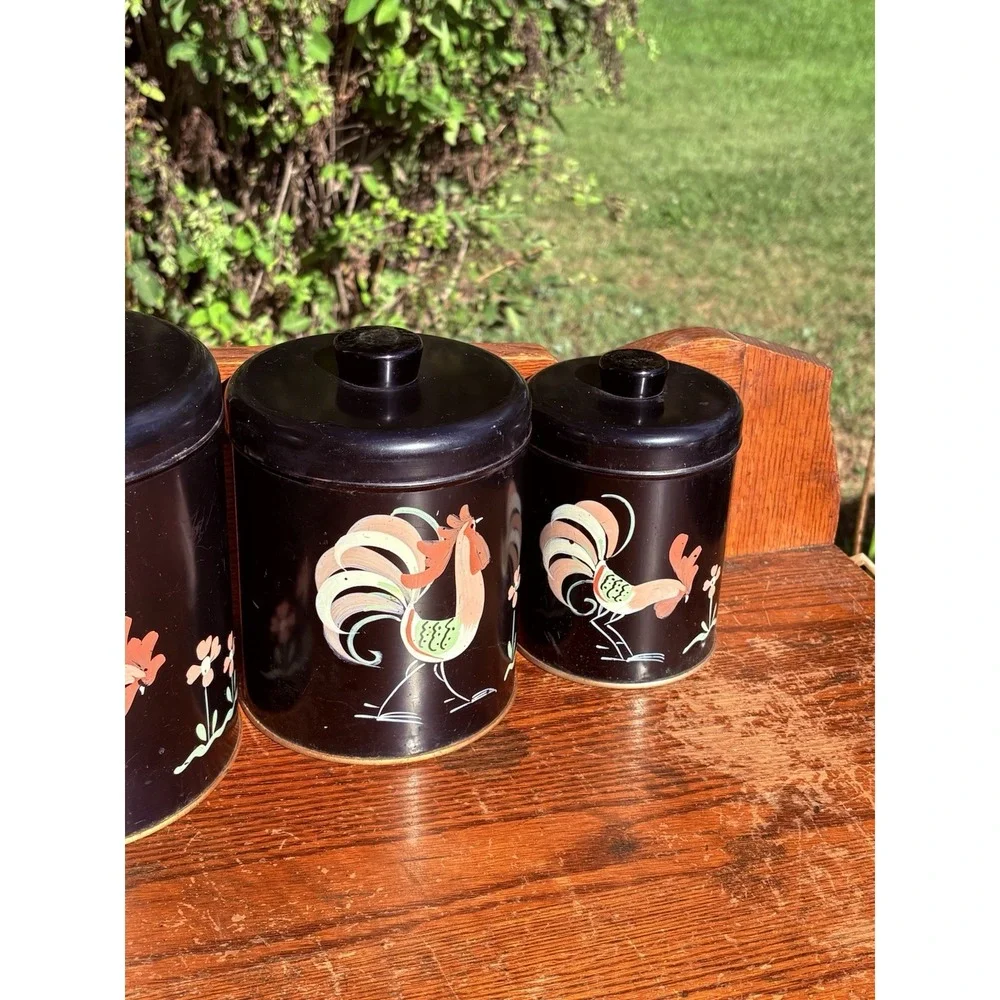 Vintage Ransburg Black Rooster Canister Set Of 4 Metal  50s 60s Farmhouse Decor